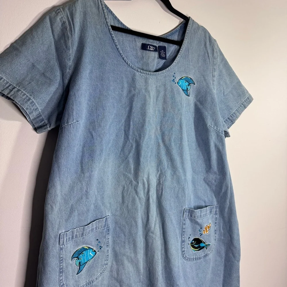 CB Casual Plus Chambray Fish Dress 2X Denim Beach Nautical Embroidered NWT - Picture 2 of 8